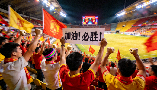 球迷在体育场看台上为球队加油助威的现场画面
